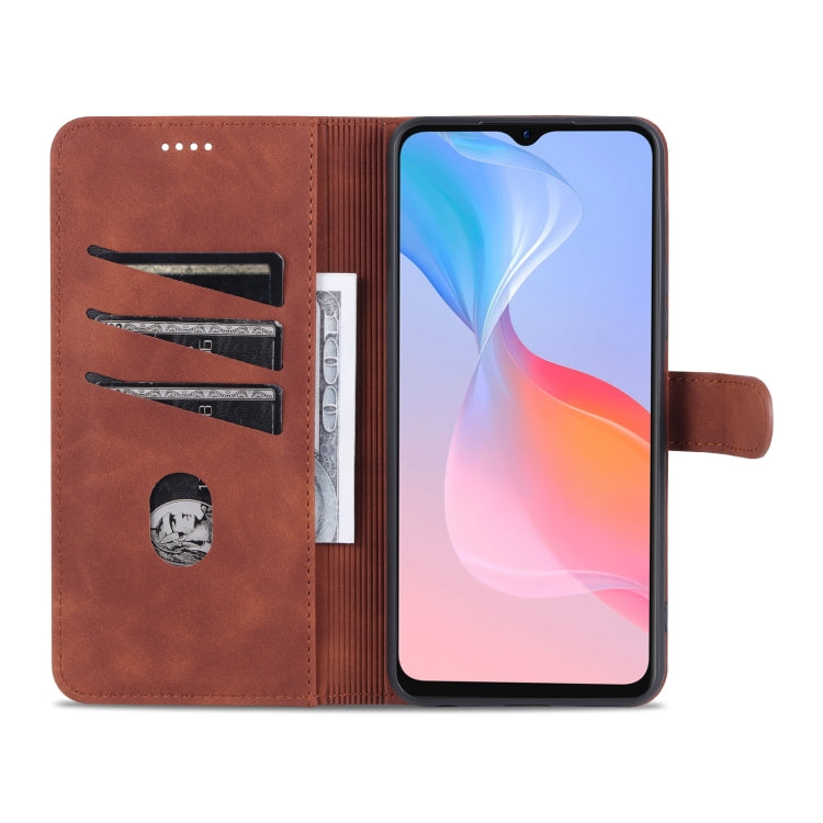 Brown leather flip phone case open to show card slots and booklet pocket