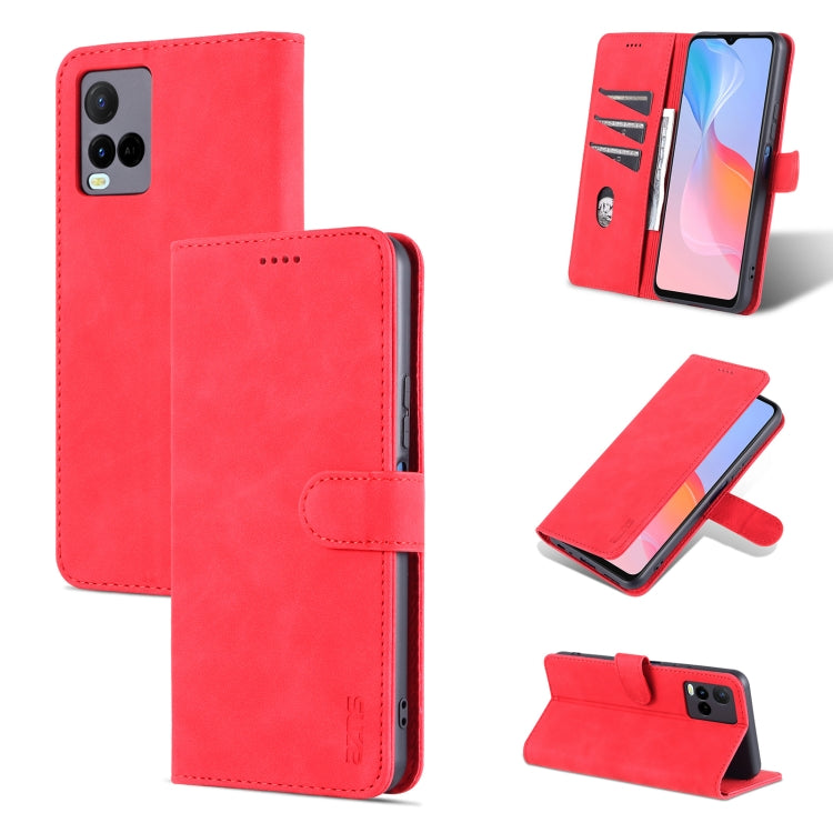 Red leather flip phone case with card slots and magnetic closure