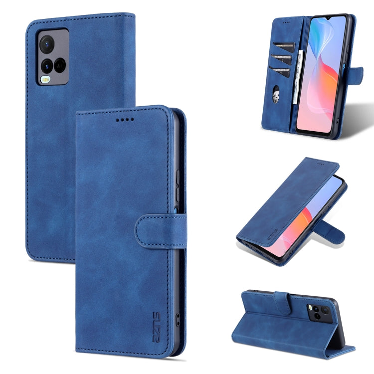 Blue leather flip phone case with card slots and viewing stand