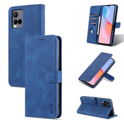 Blue leather flip phone case with card slots and viewing stand