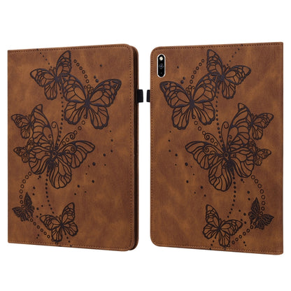 Brown leather tablet case with embossed butterfly pattern, horizontal flip, magnetic clasp.