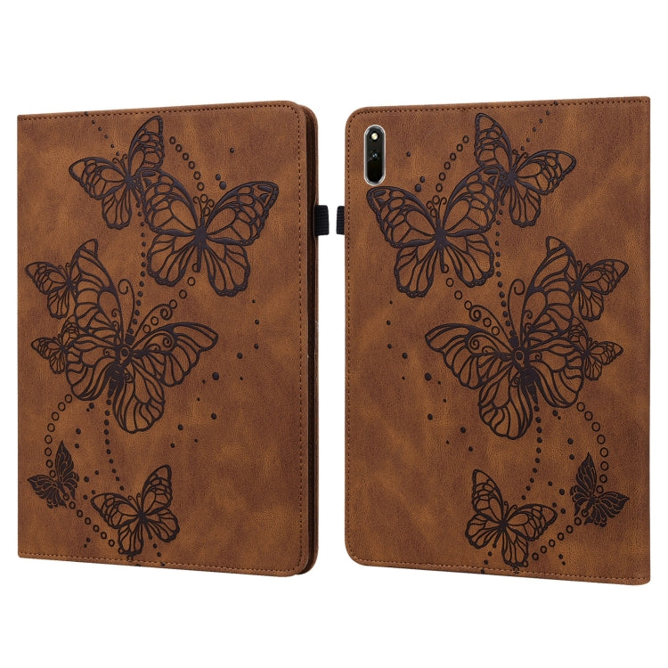 Brown leather flip tablet case with embossed butterflies on front panels, camera cutout.