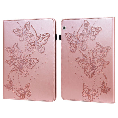 Pink leather flip tablet case with embossed butterfly motif, horizontal opening, clasp.