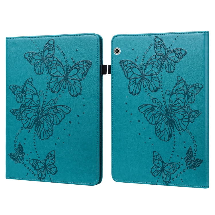 Blue leather flip tablet case with embossed butterflies, horizontal opening, camera cutout.