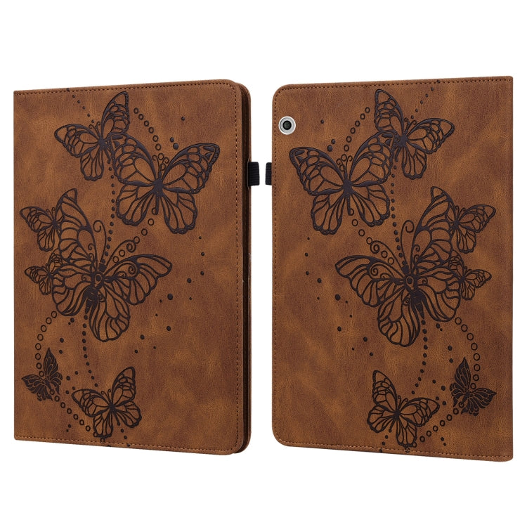 Brown leather flip tablet case with embossed butterfly pattern and magnetic clasp.