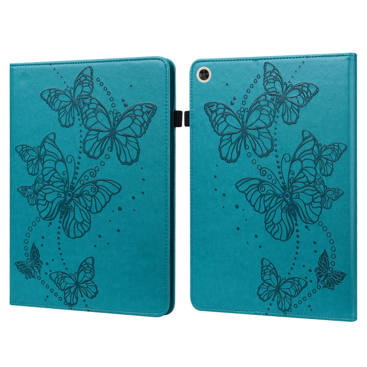 Blue leather flip tablet case with embossed butterfly pattern and magnetic clasp.