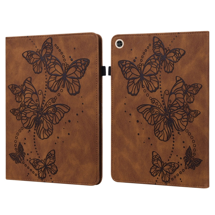 Brown leather flip tablet case with embossed butterfly design and side camera cutout.