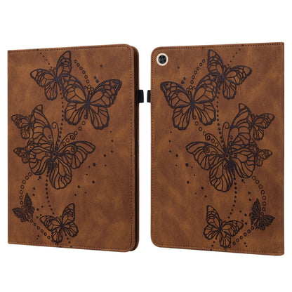 Brown leather flip tablet case with embossed butterfly design and side camera cutout.