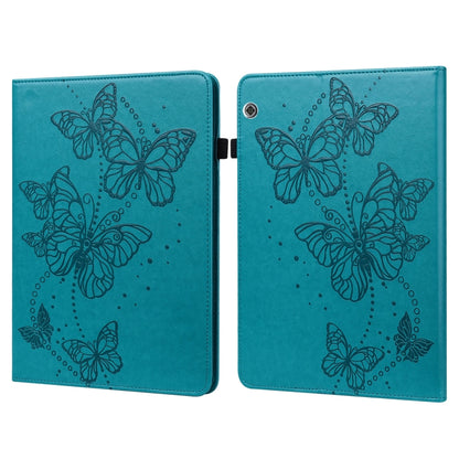 Blue leather flip tablet case with embossed butterfly design and side camera cutout.