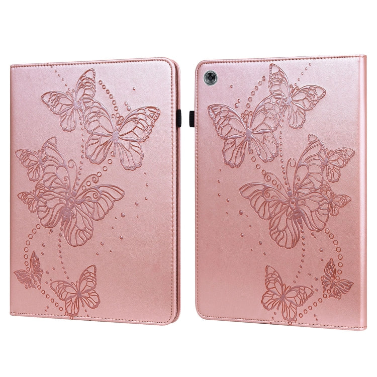 Pink embossed butterfly pattern leather tablet flip case with magnetic clasp.