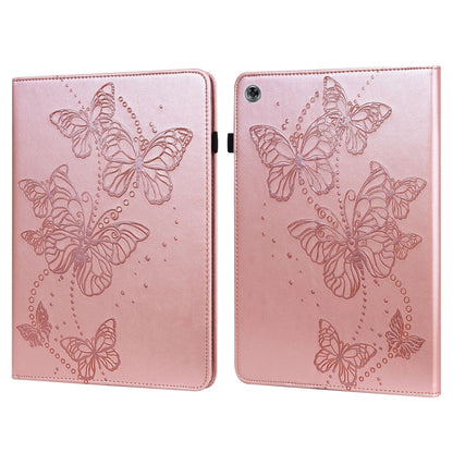 Pink embossed butterfly pattern leather tablet flip case with magnetic clasp.