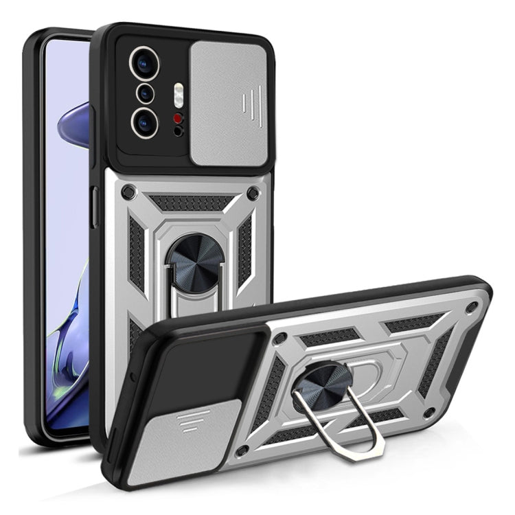 Protective phone case with sliding camera cover, black and silver, ring kickstand