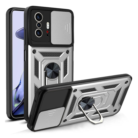 Protective phone case with sliding camera cover, black and silver, ring kickstand