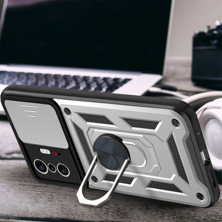 Protective phone case with sliding camera cover, black with silver accents and kickstand