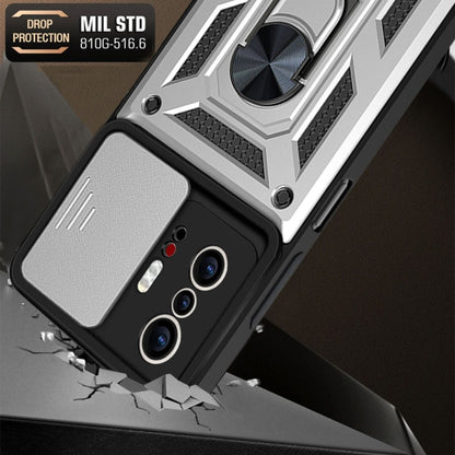 Protective phone case with sliding camera cover, black and silver, reinforced corners