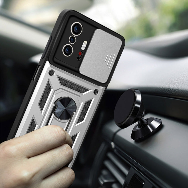 Protective phone case with sliding camera cover, black and silver, magnetic ring kickstand