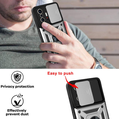 Protective phone case with sliding camera cover, black and silver, easy-slide privacy panel
