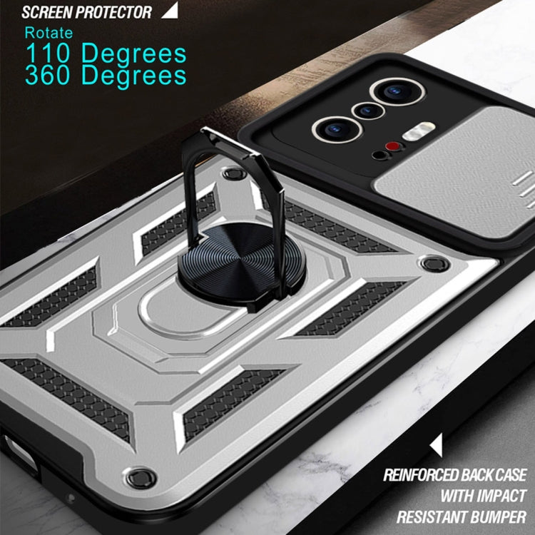 Protective phone case with sliding camera cover, black and silver, rugged bumper design