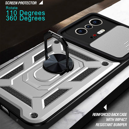 Protective phone case with sliding camera cover, black and silver, rugged bumper design
