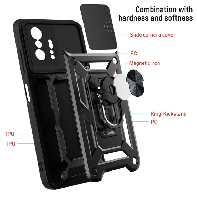 Protective phone case with sliding camera cover, black TPU/PC style with ring kickstand