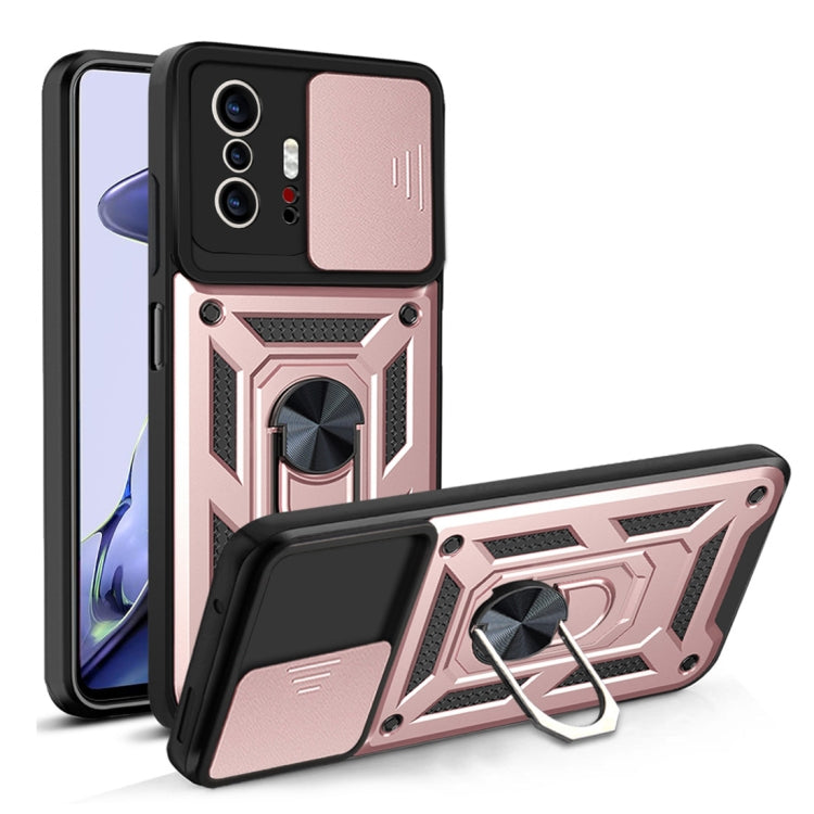 Protective phone case with sliding camera cover, black and rose gold, ring kickstand
