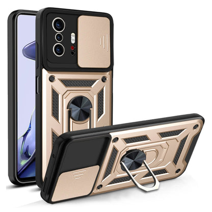 Protective phone case with sliding camera cover, black and beige, ring kickstand