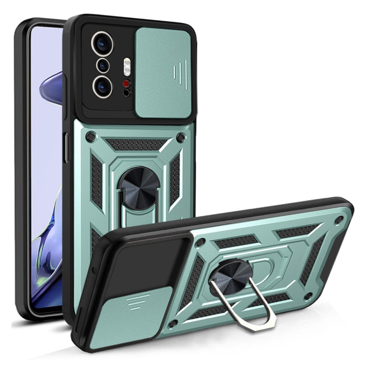 Protective phone case with sliding camera cover, black and dark green, ring kickstand