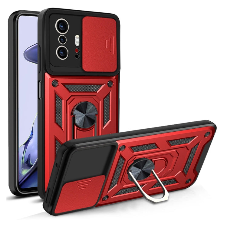 Red and black TPU+PC phone case with sliding camera cover and kickstand