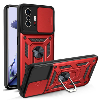 Red and black TPU+PC phone case with sliding camera cover and kickstand