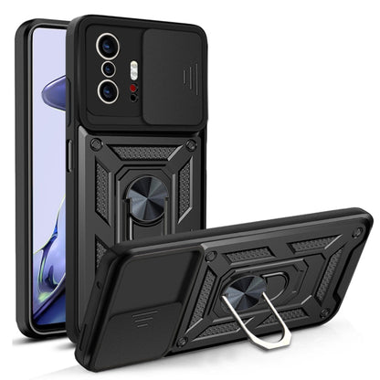 Black TPU+PC phone case with sliding camera cover and built-in kickstand