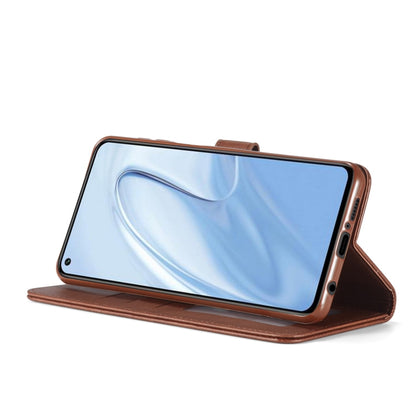 Brown leather flip phone case with stand cover and side camera opening