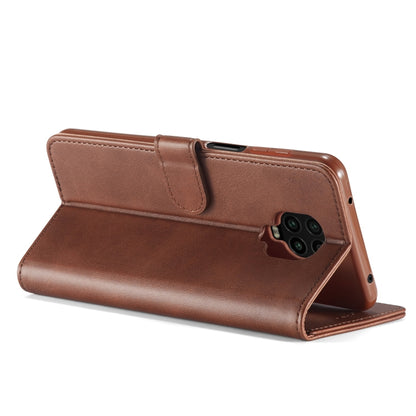 Brown leather folio flip phone case with viewing stand and camera cutout
