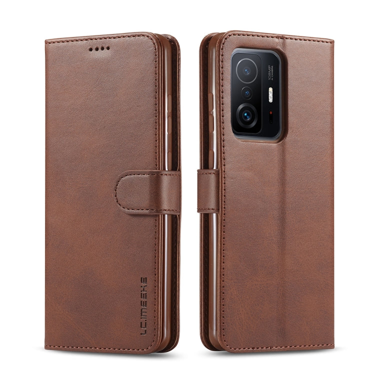 LC.IMEEKE textured flip phone case with strap closure, brown with camera cutout