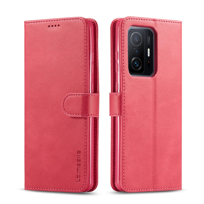 LC.IMEEKE textured flip phone case with strap closure, red with camera cutout