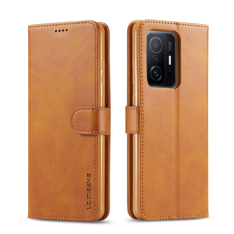 LC.IMEEKE textured flip phone case with strap closure, tan with camera cutout
