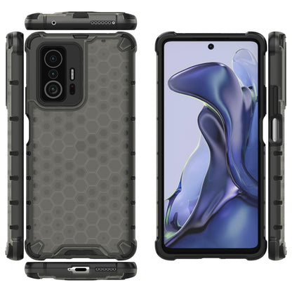 Shockproof phone case set shown in front, back, and side views with honeycomb pattern.