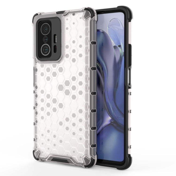 White honeycomb shockproof phone case with rugged bumper, raised corners, camera cutouts.