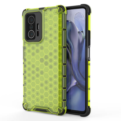 Lime green honeycomb shockproof phone case with rugged bumper and camera opening.