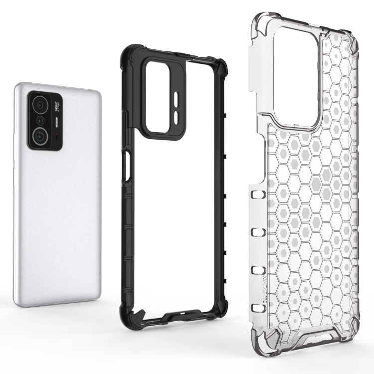 Black and white honeycomb shockproof phone cases shown from back and side.
