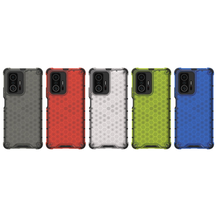 Five shockproof honeycomb phone cases in gray, red, white, lime, and blue.