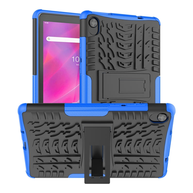 Blue rugged tablet case with tire-texture back and built-in kickstand holder