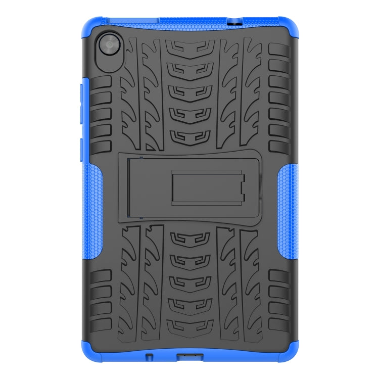 Blue rugged tablet case with tire-texture back, camera cutout, and stand holder