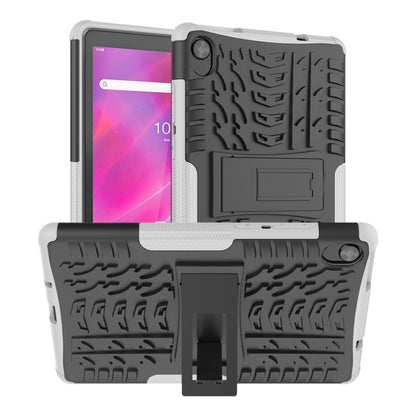 White rugged tablet case with tire-texture back and built-in kickstand holder