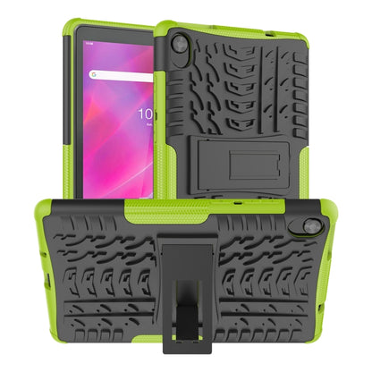 Green rugged tablet case with tire-texture back and built-in kickstand holder