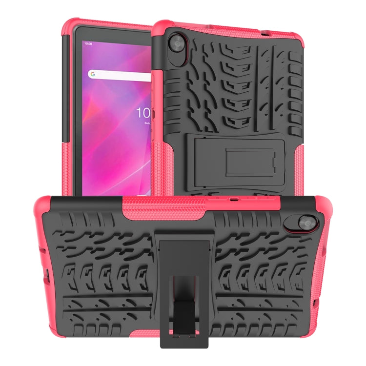 Red rugged tablet case with tire-texture back and built-in kickstand holder
