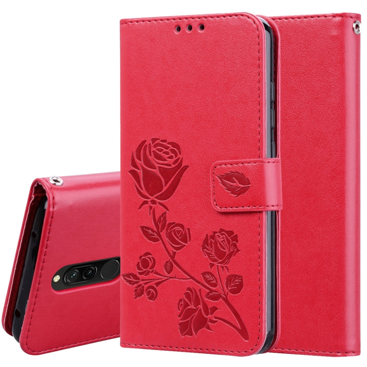 Red rose-embossed wallet flip phone case with card slots and magnetic flap