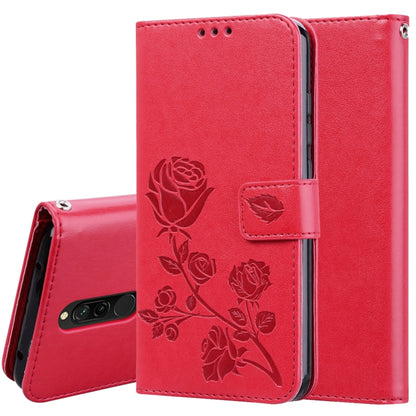 Red rose-embossed wallet flip phone case with card slots and magnetic flap