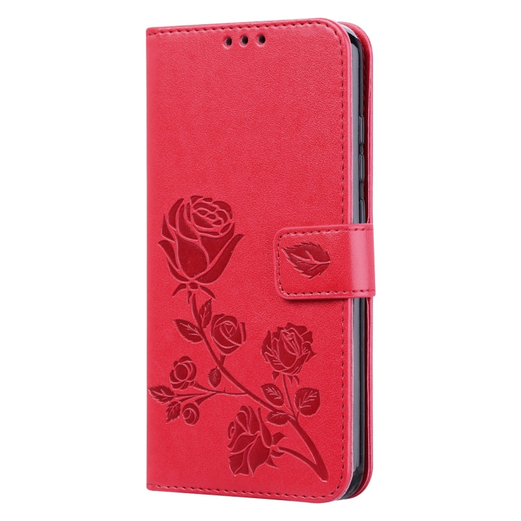 Red rose-embossed wallet flip phone case with card holder flap
