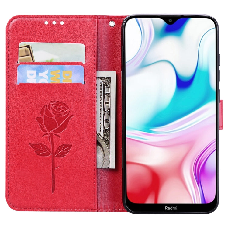 Red rose-embossed wallet flip phone case with card slots and inner pocket