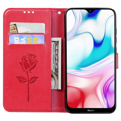 Red rose-embossed wallet flip phone case with card slots and inner pocket